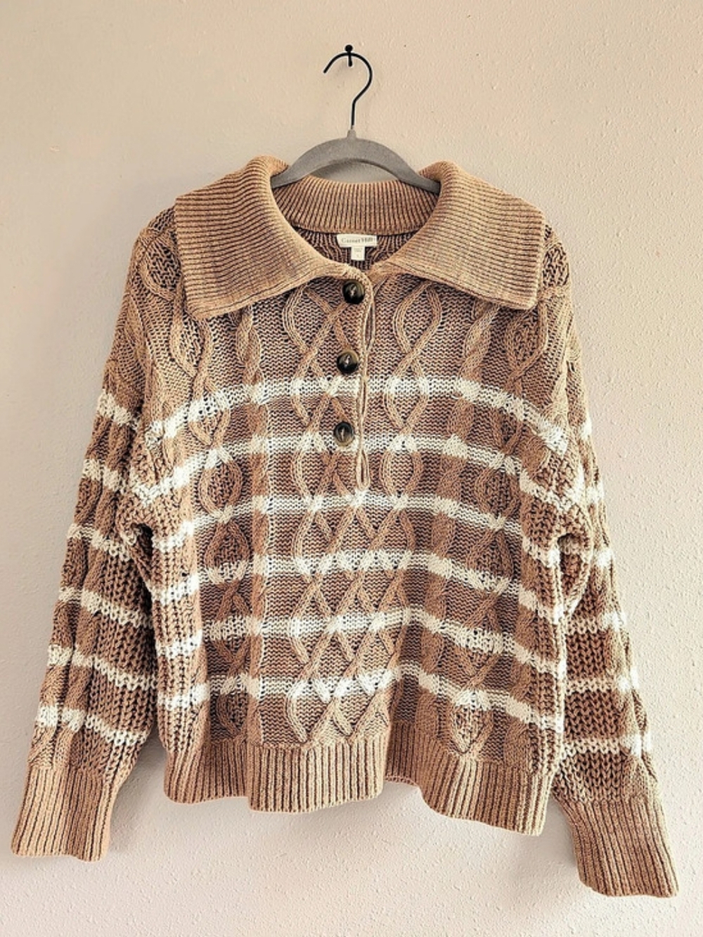 Garnet Hill Linen Organic Cotton Cable Knit Polo Collar Striped Sweater Size L